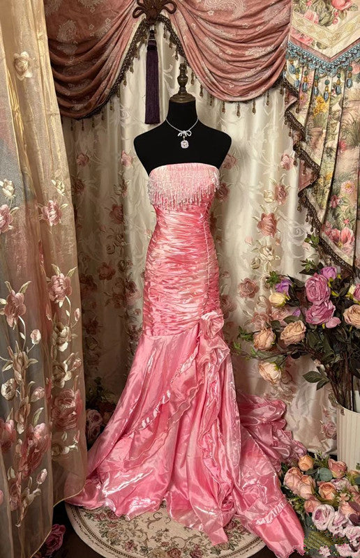 Sexy Mermaid Strapless Pink Satin Long Evening Dress Party Dress Prom Dresses P2410