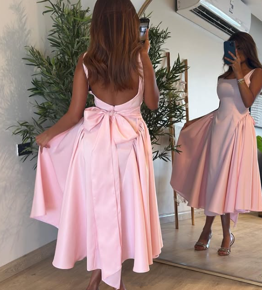 Cute A line Straps Pink Satin Tea Length Prom Dress With Bow P2416