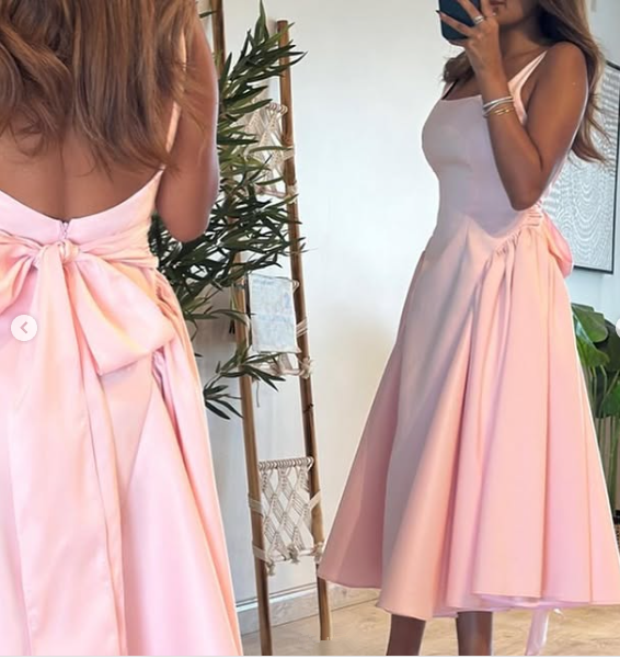 Cute A line Straps Pink Satin Tea Length Prom Dress With Bow P2416