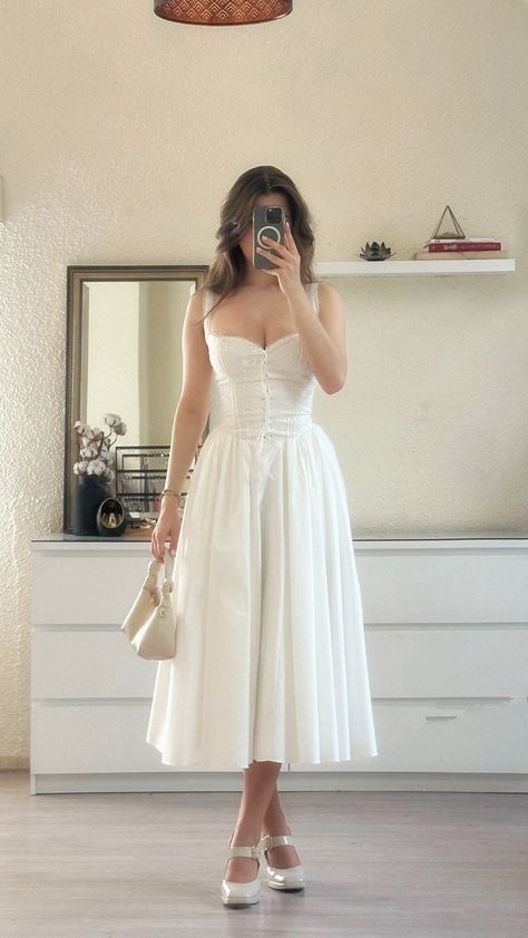 Cute A line Straps White Chiffon Tea Length Prom Dresses Summer Birthd PreppyDress Cute A line Straps White Chiffon Tea Length Prom Dresses Summer Birthd PreppyDress