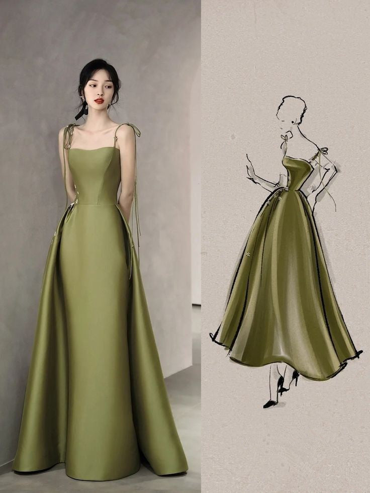 Simple A line Olive Green Long Satin Prom Dresses With Ruffles P2435 Simple A line Olive Green Long Satin Prom Dresses With Ruffles P2435