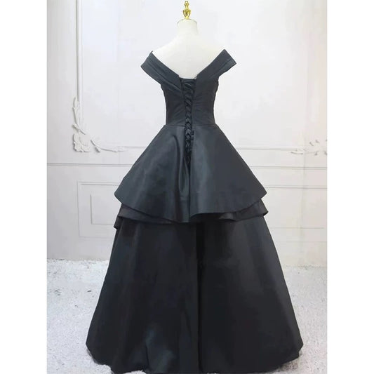 Pretty Ball Gown Off The Shoulder Black Satin Prom Dresses Evening Dress P2460