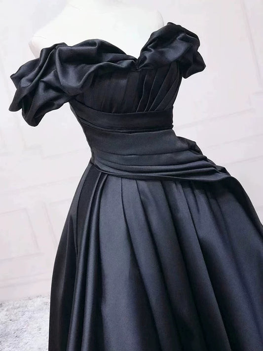 Pretty Ball Gown Off The Shoulder Black Satin Prom Dresses Evening Dress With Pleated P2462