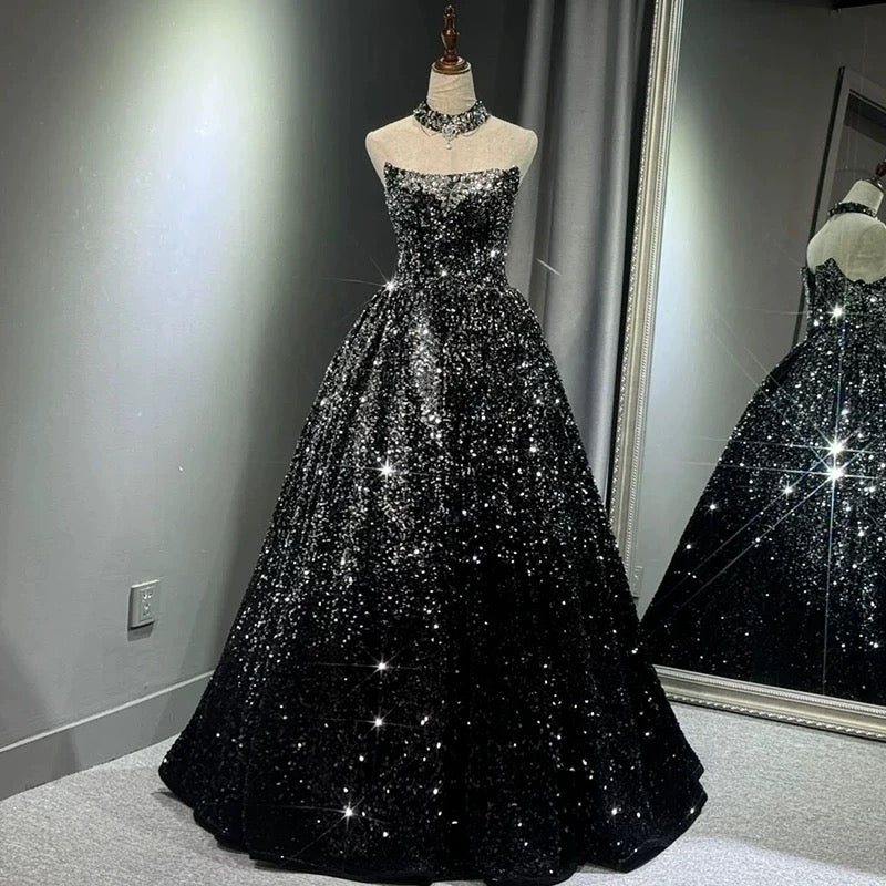 Pretty Ball Gown Strapless Black Sequin Prom Dresses Evening Dress P24