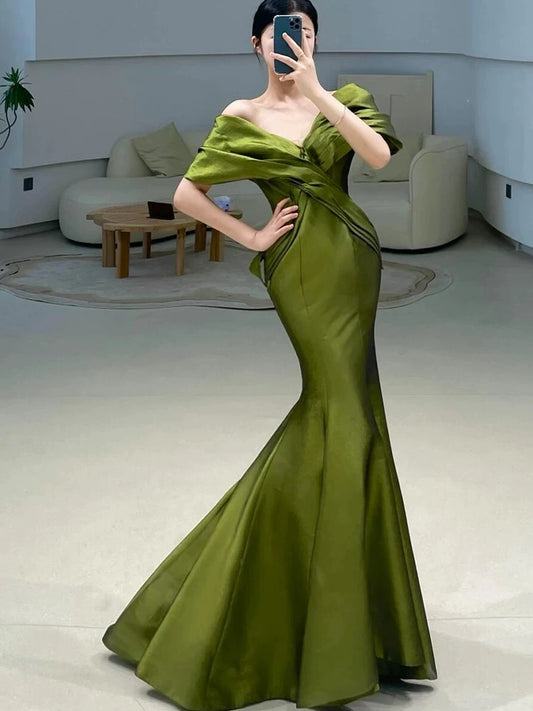 Sexy Mermaid Off The Shoulder Olive Green Satin Long Formal Dress Prom Dresses P2465