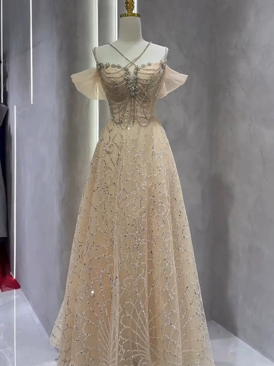 Vintage A Line Straps Champagne Tulle Long Prom Dresses Party Evening Dress P2466