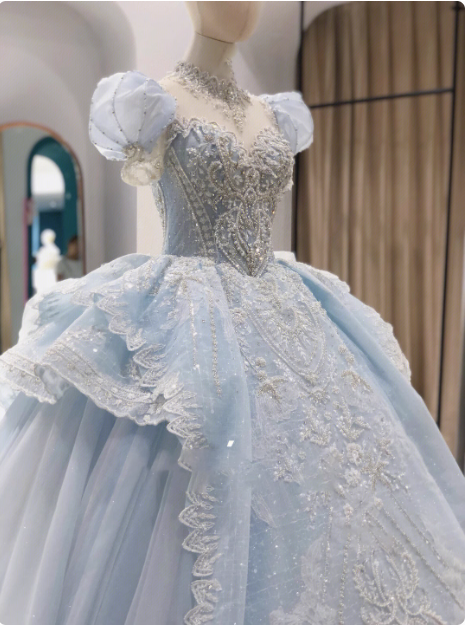 French blue princess puff sleeve dreamy wedding dress P2487 French blue princess puff sleeve dreamy wedding dress P2487
