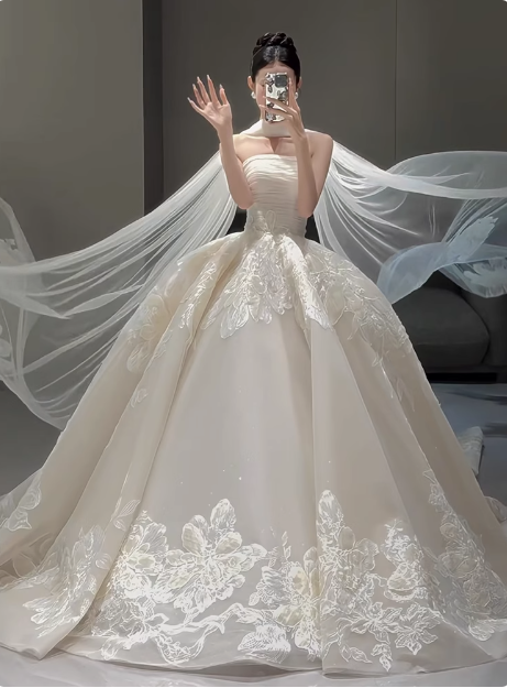 White French style tube top embroidered simple light wedding dress P2492