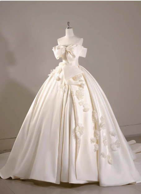 White satin A-line off-shoulder bow simple wedding dress P2498