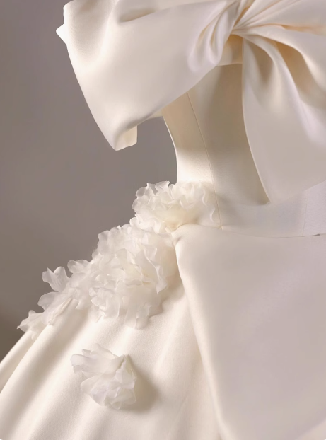 White satin A-line off-shoulder bow simple wedding dress P2498