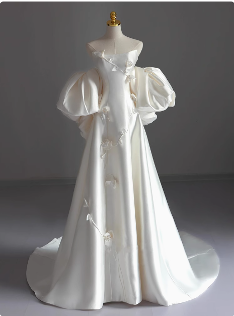White sleeveless satin tube top elegant light wedding dress P2499