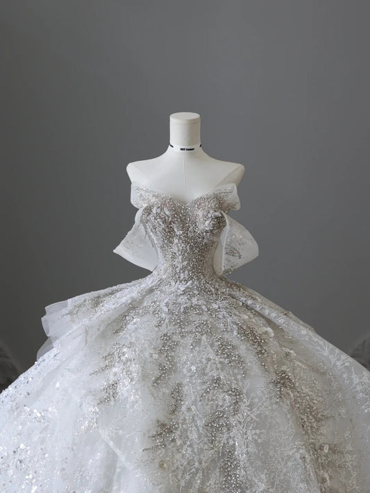 Dreamy lace off-shoulder sparkling rhinestone princess floor-length light luxury heavy-duty wedding dress P2503