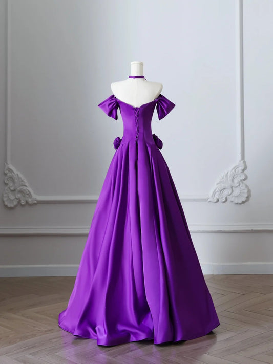 Unique charming purple satin A-line simple light prom dress P2505