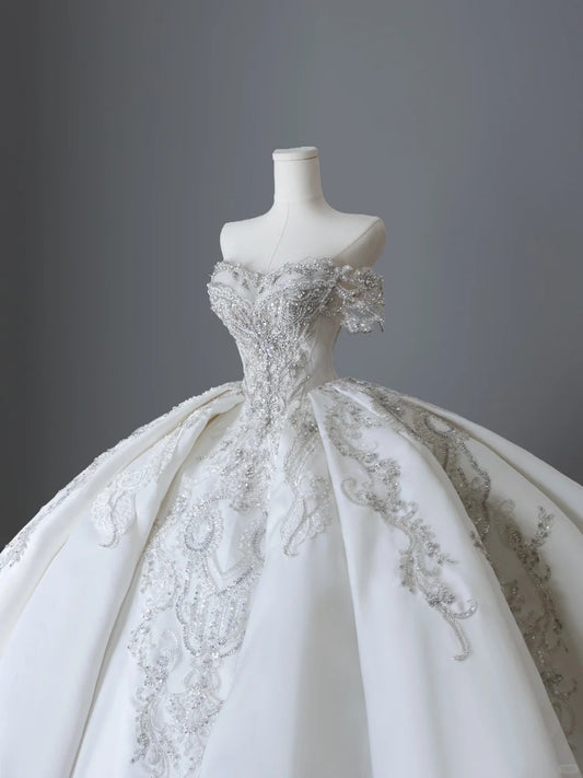 Shiny satin heavy rhinestone beaded vintage floor-length wedding dress P2507