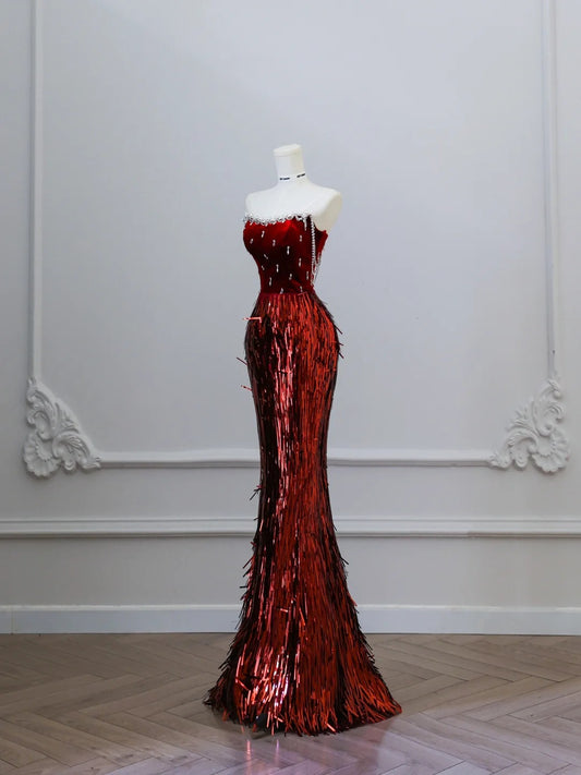 Unique Red Mermaid Velvet Beaded Fitted Floor-Length Prom Dress P2511