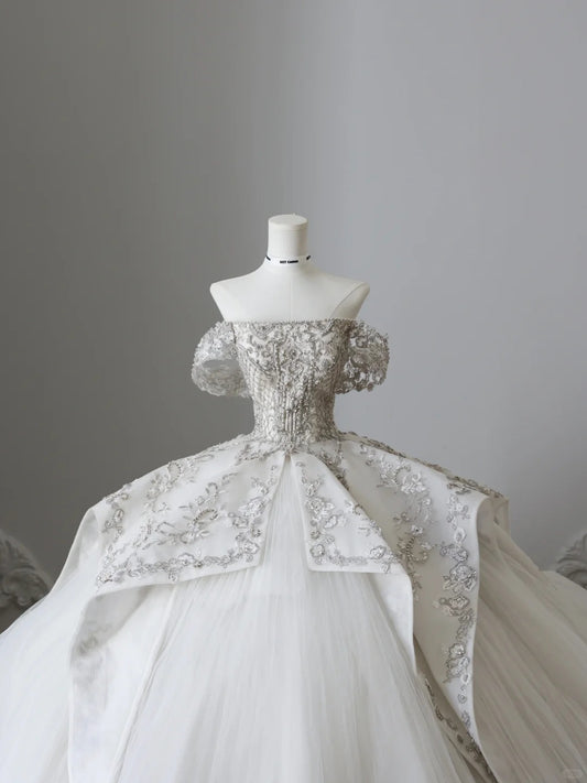 Dreamy Tulle Off-the-shoulder Beaded Luxury Floor-length Wedding Dress P2513