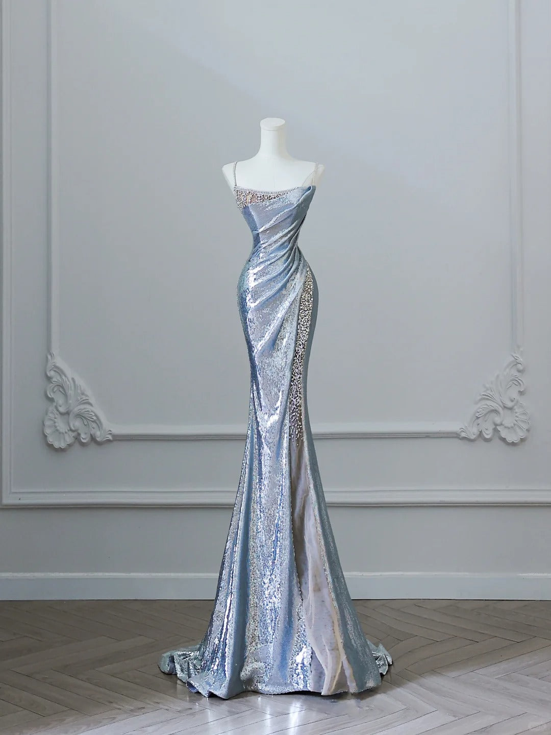 Silver Strap Sequin Mermaid Floor Length Wedding Dress P2514 PreppyDress Silver Strap Sequin Mermaid Floor Length Wedding Dress P2514 PreppyDress