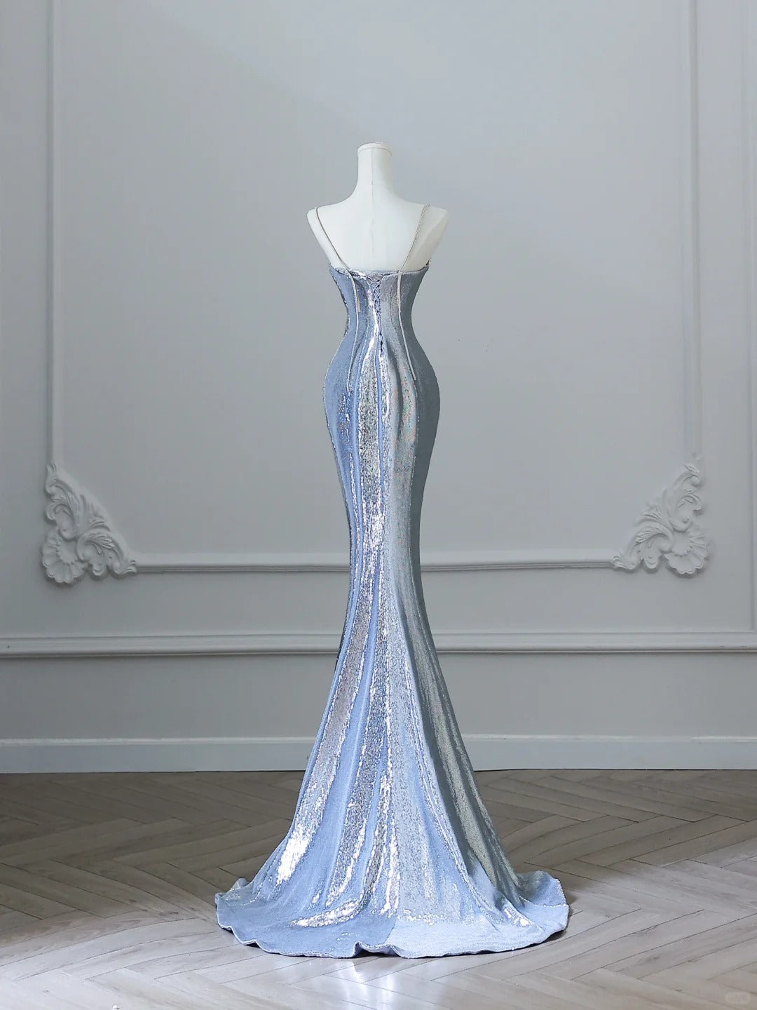 Silver Strap Sequin Mermaid Floor Length Wedding Dress P2514