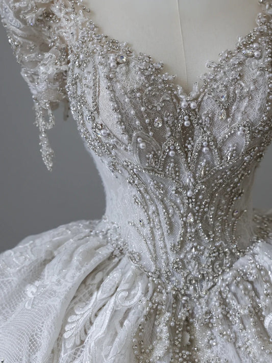 White Short Sleeve Heavy Lace Diamond Round Neck Floor-Length Wedding Dress P2515