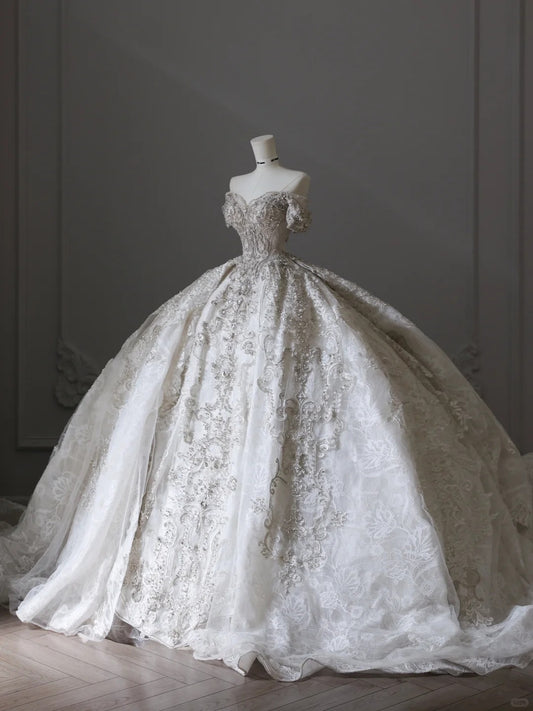 Vintage White Off-the-shoulder Sweetheart Neckline Luxury Lace Princess Floor-length Wedding Dress P2516
