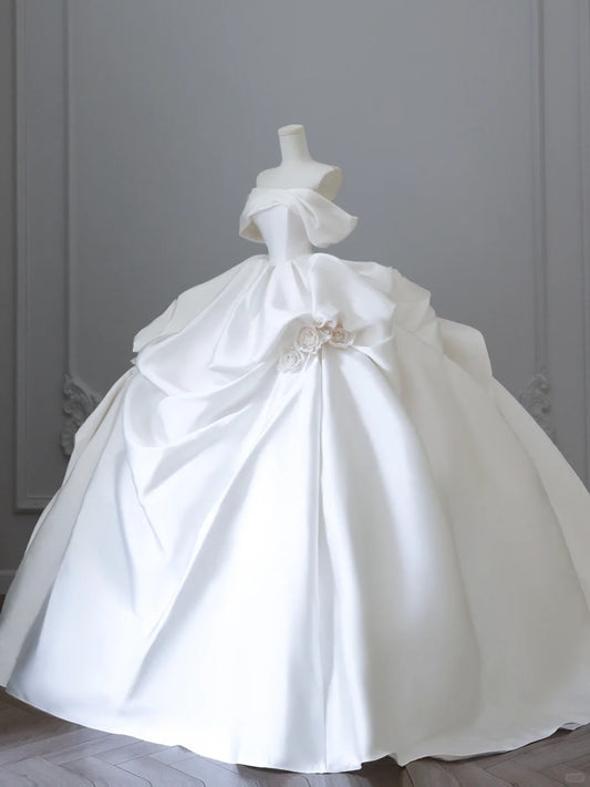 Elegant and simple white satin 3D rose floor-length wedding dress P2524