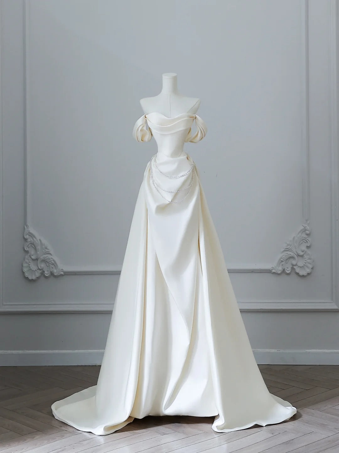 Elegant White Satin Off-the-shoulder Beaded Floor-length Wedding Dress PreppyDress Elegant White Satin Off-the-shoulder Beaded Floor-length Wedding Dress PreppyDress