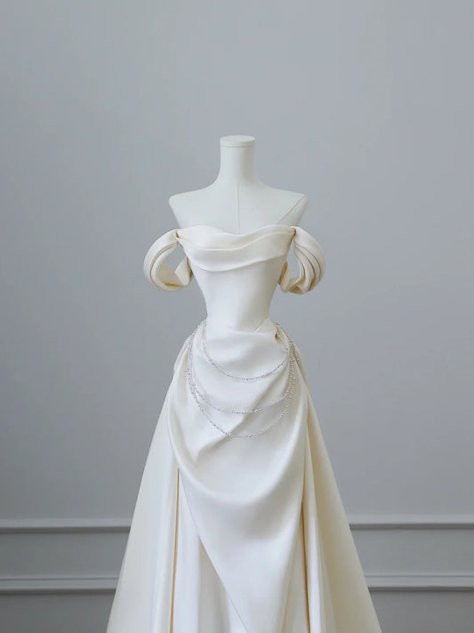 Elegant White Satin Off-the-shoulder Beaded Floor-length Wedding Dress P2528