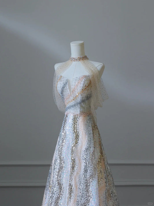 Unique and Elegant Colorblock Shiny Sequin Beaded Off-the-shoulder Floor-length Wedding Dress P2537