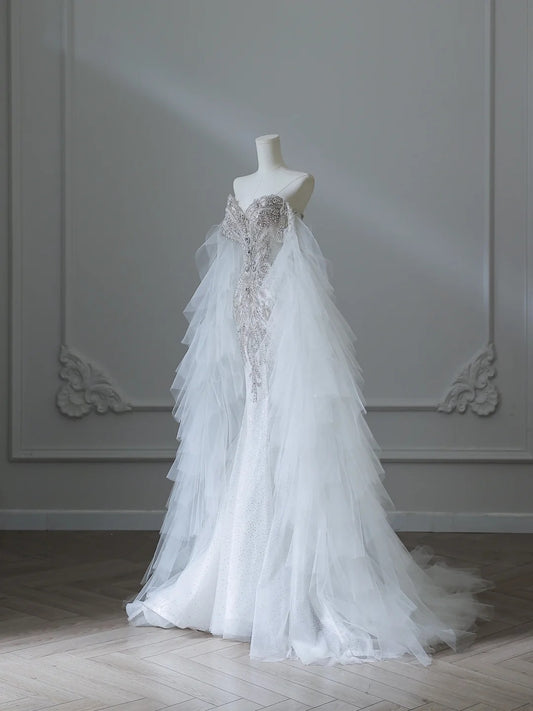 Chic Flowy White Glitter Mermaid Tulle Wedding Dress P2538