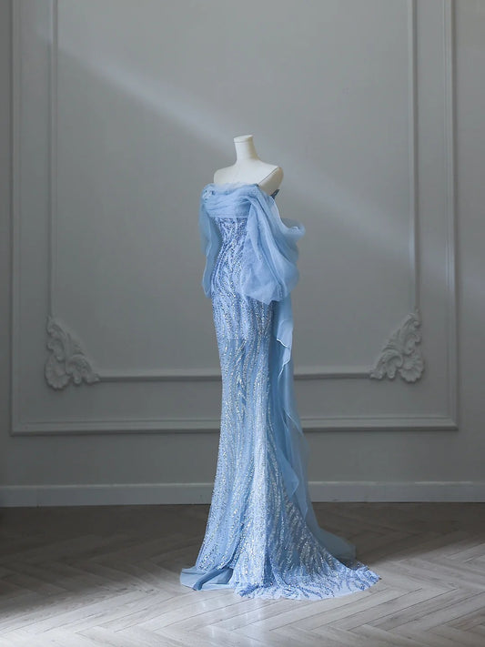 Aqua Blue Elegant Flowing Sequined Tulle Mermaid Prom Dress P2540