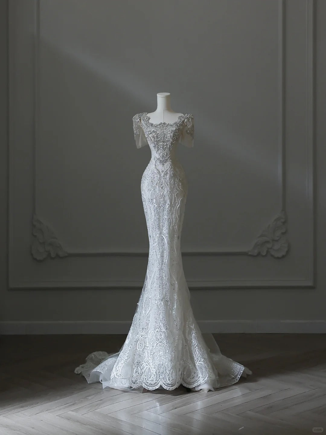square neck wedding dress beaded Plus Size Beaded wedding dress with Lace Applique, Long Sleeves, and Sweep Train in Satin