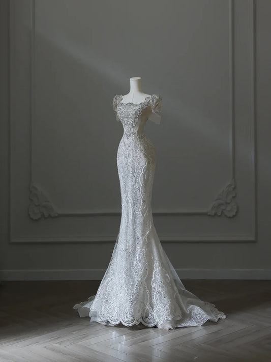 Illusion Square Neck Shiny Beaded Mermaid Lace Wedding Dress P2542