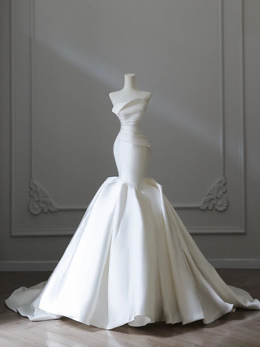 Elegant White Strapless Satin Mermaid Simple Wedding Dress P2543