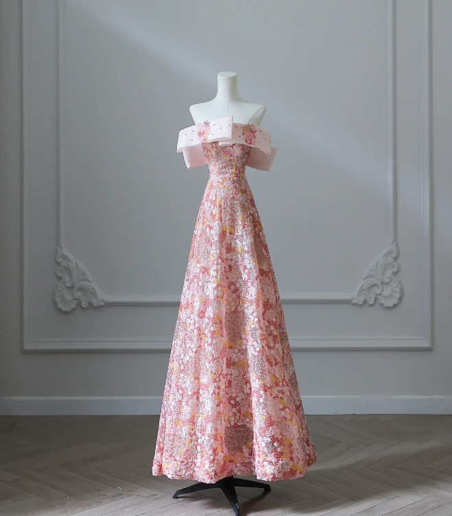 Sweet and lovely pink floral sequined A-line prom dress P2548