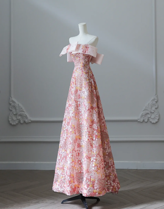 Sweet and lovely pink floral sequined A-line prom dress P2548