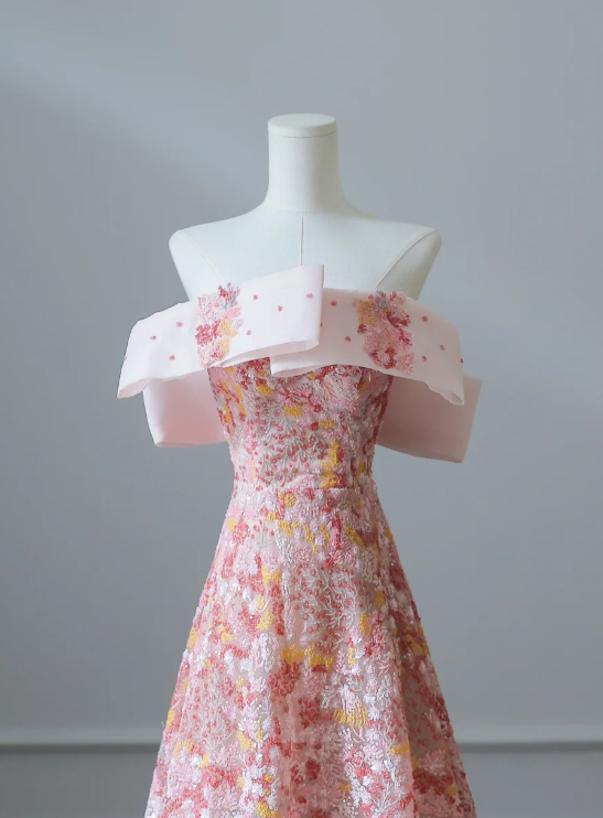 Sweet and lovely pink floral sequined A-line prom dress P2548