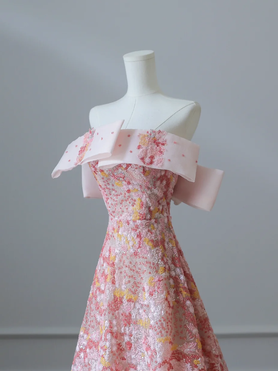 Sweet and lovely pink floral sequined A-line prom dress P2548