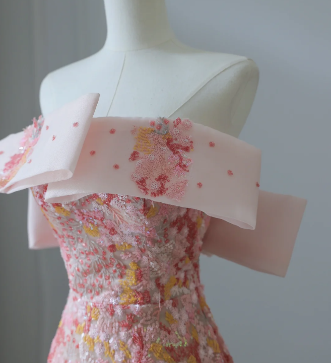 Sweet and lovely pink floral sequined A-line prom dress P2548