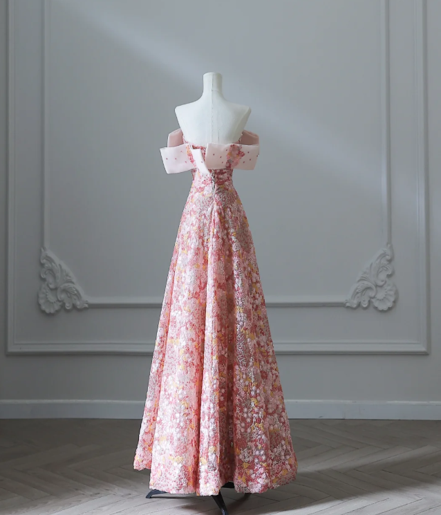 Sweet and lovely pink floral sequined A-line prom dress P2548