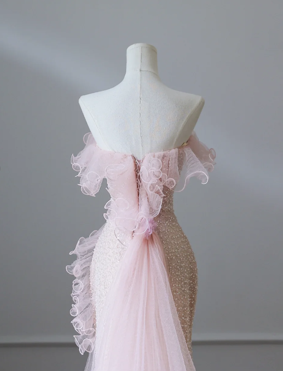 Elegant Pink Mermaid One Shoulder Beaded Prom Dress P2549
