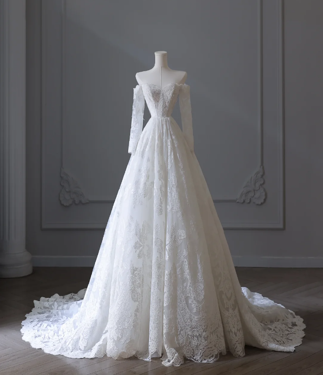 Elegant White Lace Long Sleeve Off-Shoulder A-Line Wedding Dress P2551 PreppyDress Elegant White Lace Long Sleeve Off-Shoulder A-Line Wedding Dress P2551 PreppyDress