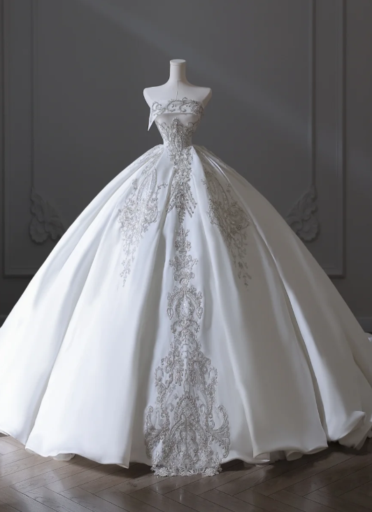 Elegant floor-length white strapless satin wedding dress with sparkling beads P2553