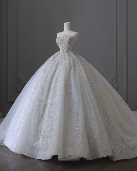 White off-the-shoulder lace beaded floor-length wedding dress P2555