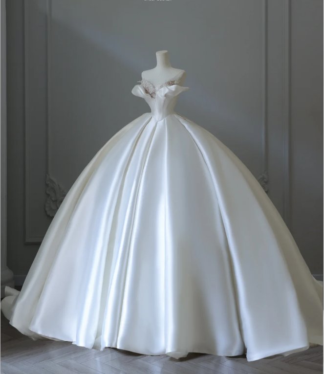 Elegant and simple satin off-shoulder A-line floor-length wedding dres PreppyDress Elegant and simple satin off-shoulder A-line floor-length wedding dres PreppyDress
