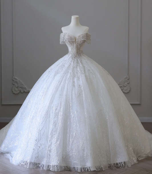 Shiny Rhinestone One-Shoulder A-Line Floor-Length Tulle Wedding Dress P2583