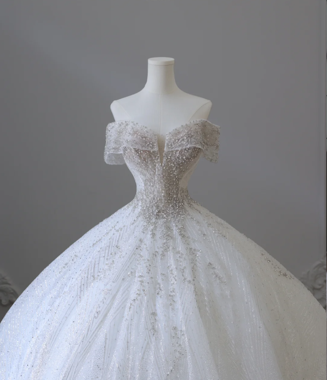 Shiny Rhinestone One-Shoulder A-Line Floor-Length Tulle Wedding Dress P2583