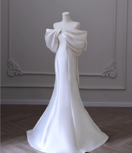 Simple White Off-the-shoulder Bow Satin Mermaid Wedding Dress P2606