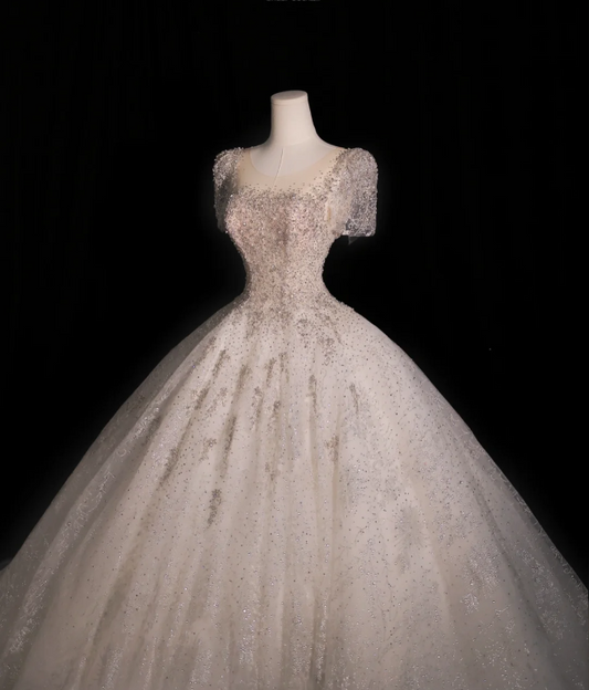 Round Neck Short Sleeve Tulle A-Line Wedding Dress with Glittering Stars P2607