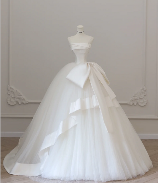 Elegant White Strapless Bowknot Tulle A-Line Floor-Length Wedding Dress P2611