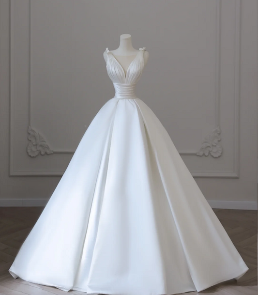 Simple White V-Neck Sleeveless Waisted A-Line Satin Wedding Dress P2612